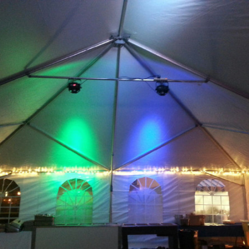 Event tent with party lights set up